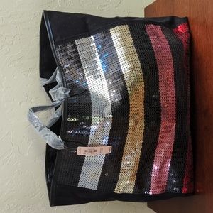 Victoria's Secret Large Black Bling Striped Sequined Carryall Canvas Tote